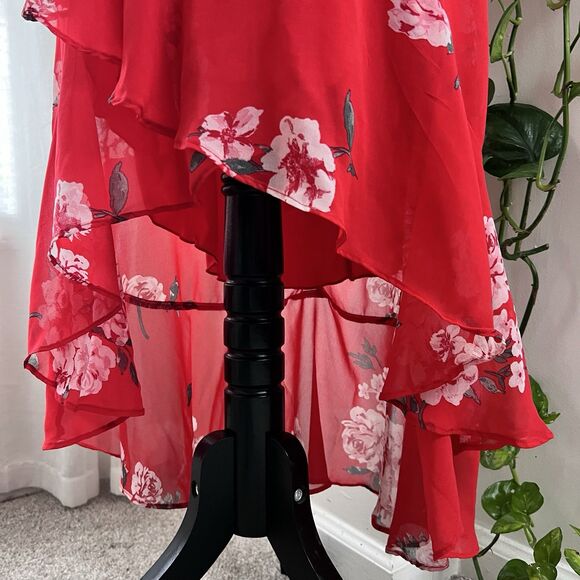 Speechless Red Floral Off Shoulder Ruffly Flowy Chiffon Dress - Medium - Picture 6 of 11